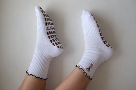 White grip socks with espresso martini embroidery and cute brown frillies/grips