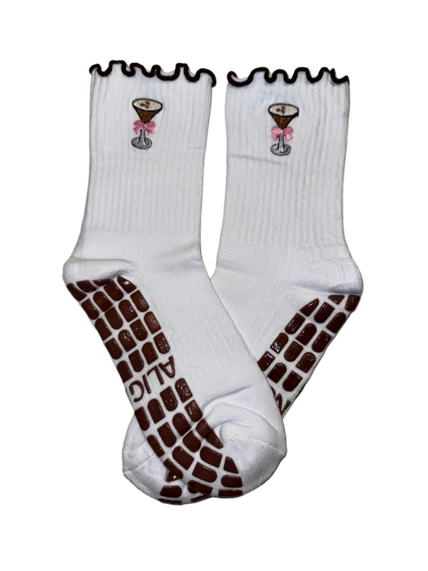 White grip socks with espresso martini embroidery and cute brown frillies/grips