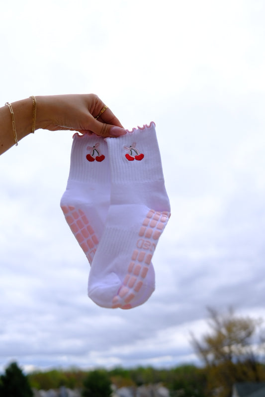 White grip socks with cherry embroidery and cute pink frillies/grips
