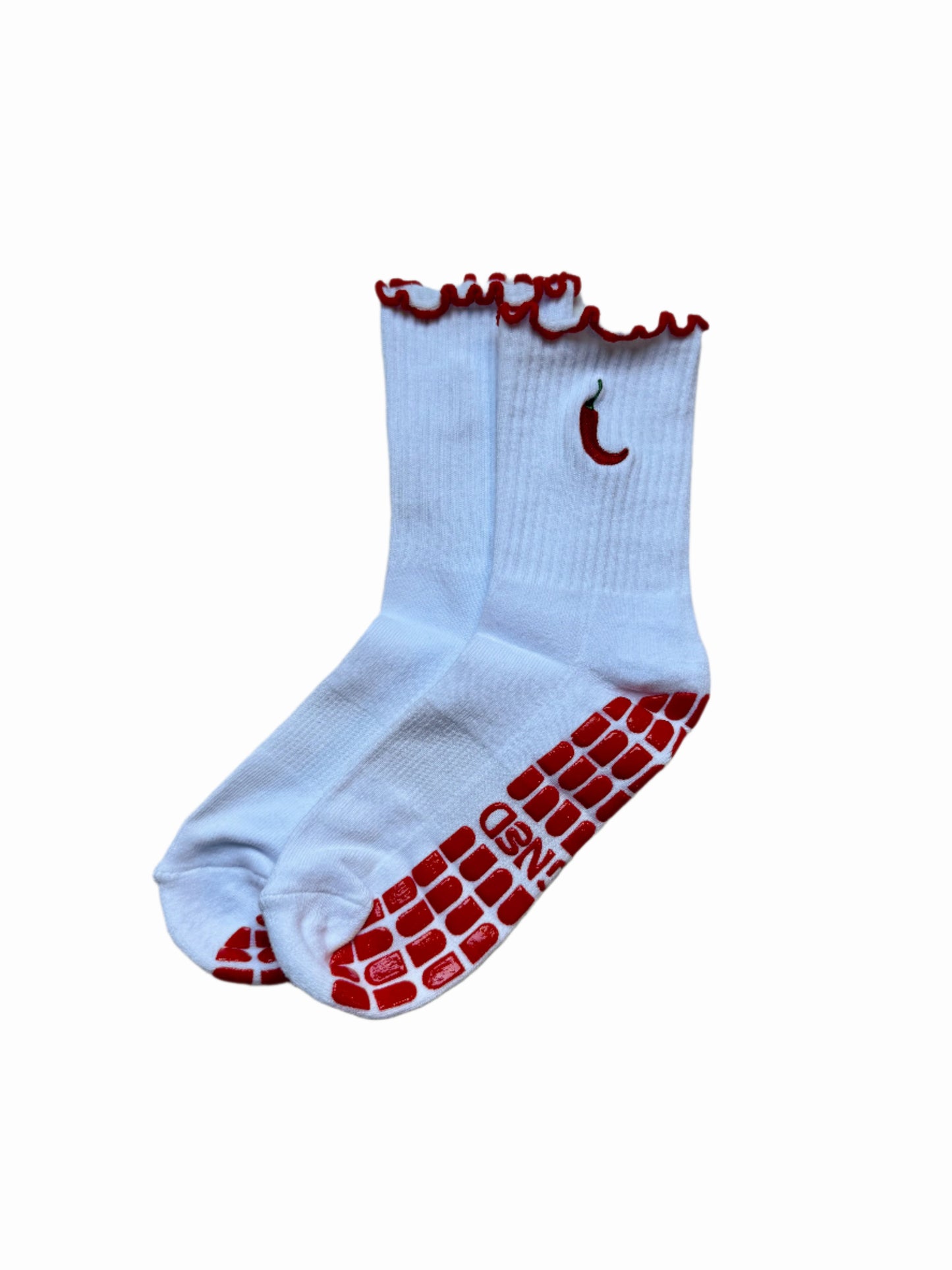 White grip socks with chili pepper embroidery and cute red frillies/grips