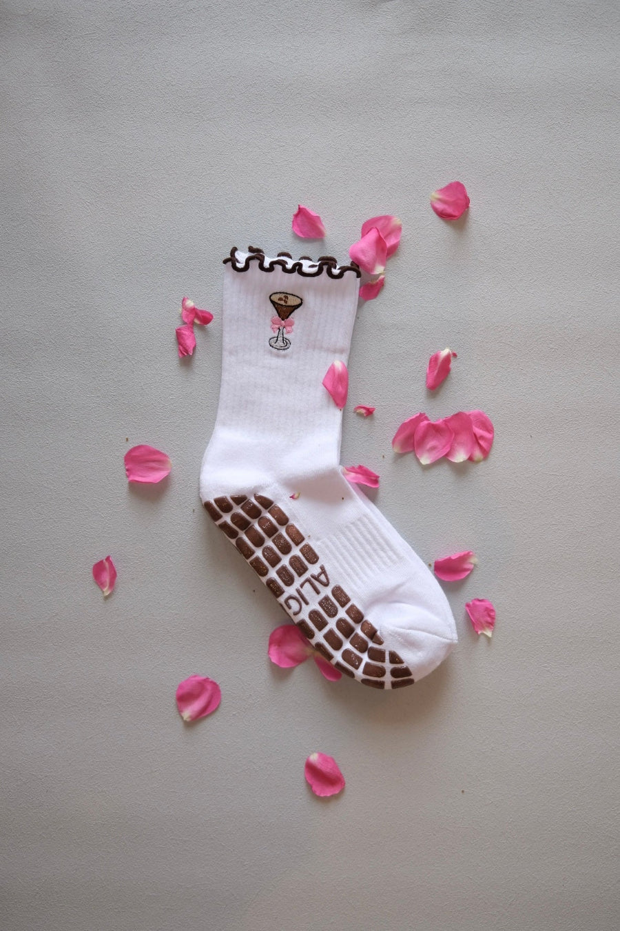 White grip socks with espresso martini embroidery and cute brown frillies/grips